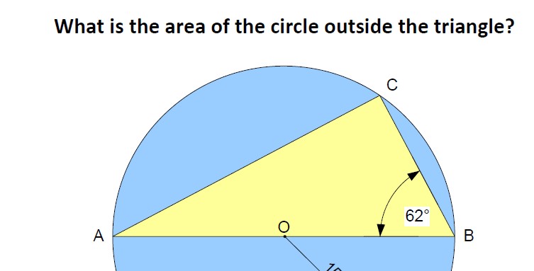 A challenging problem to find the area of a circle outside an inscribed triangle.  This is a grade 7, 8 or 9 type question for GCSE mathematics